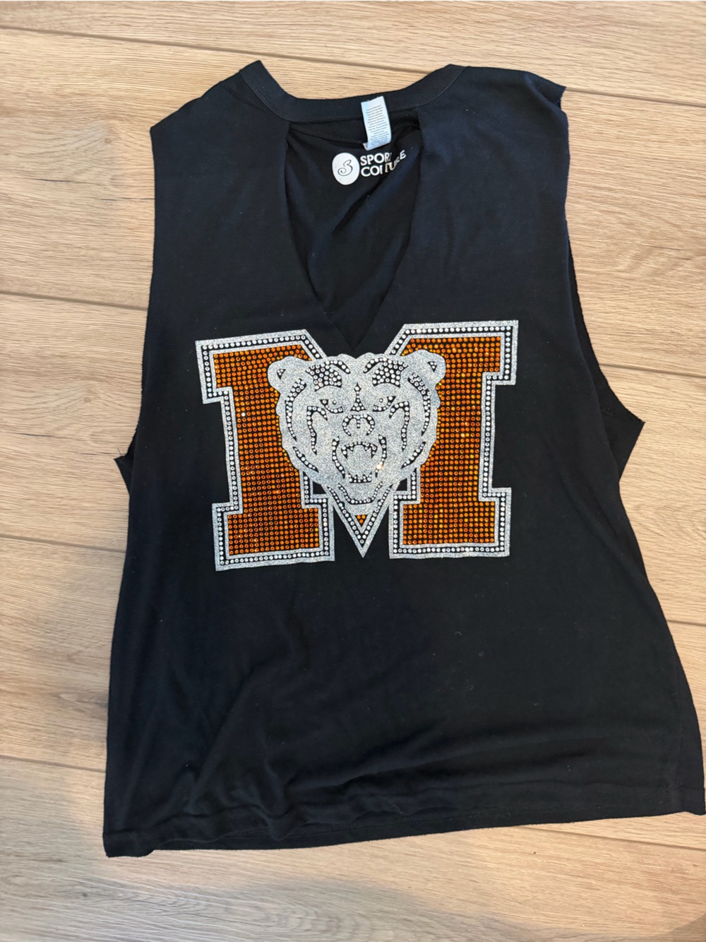 Mercer Black Muscle Tee with Orange Rhinestones and Bear